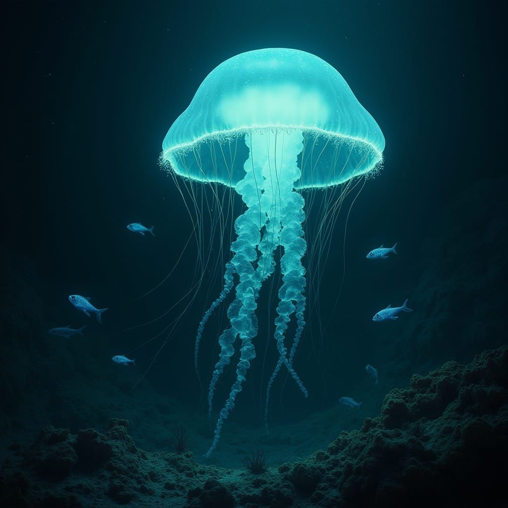 Bioluminescent Jellyfish Drifting in Alien Ocean