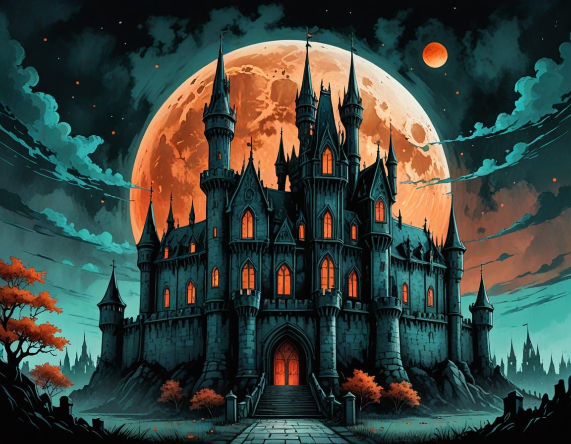 Gothic Castle Under Bloodmoon in Digital Watercolor Style