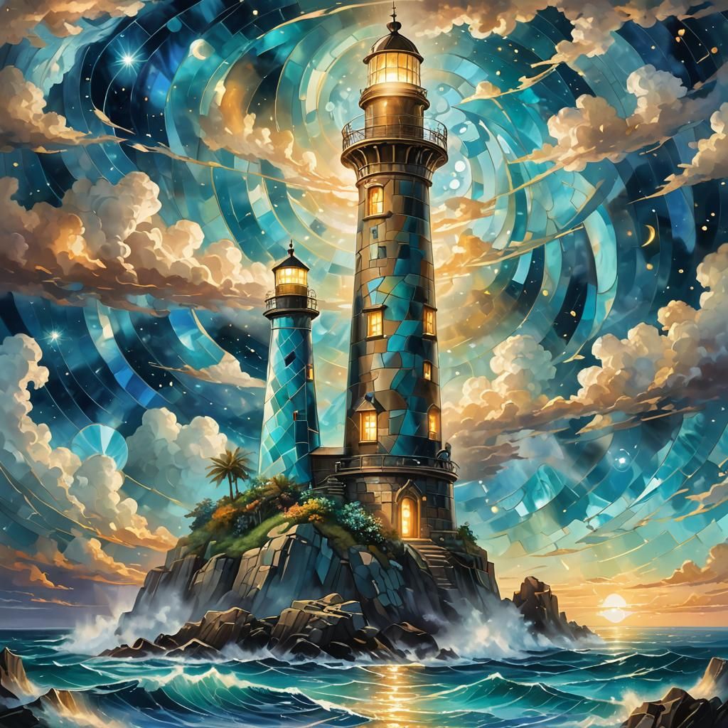 Cosmic Lighthouse with Shimmering Astral Clouds