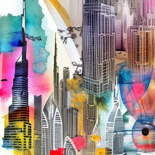 Dubai Cityscape Collage in Modern Boho Art Style