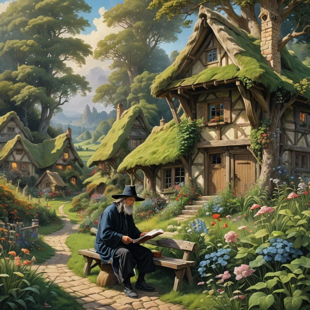 Fantasy Cottage Scene with Peaceful Animals