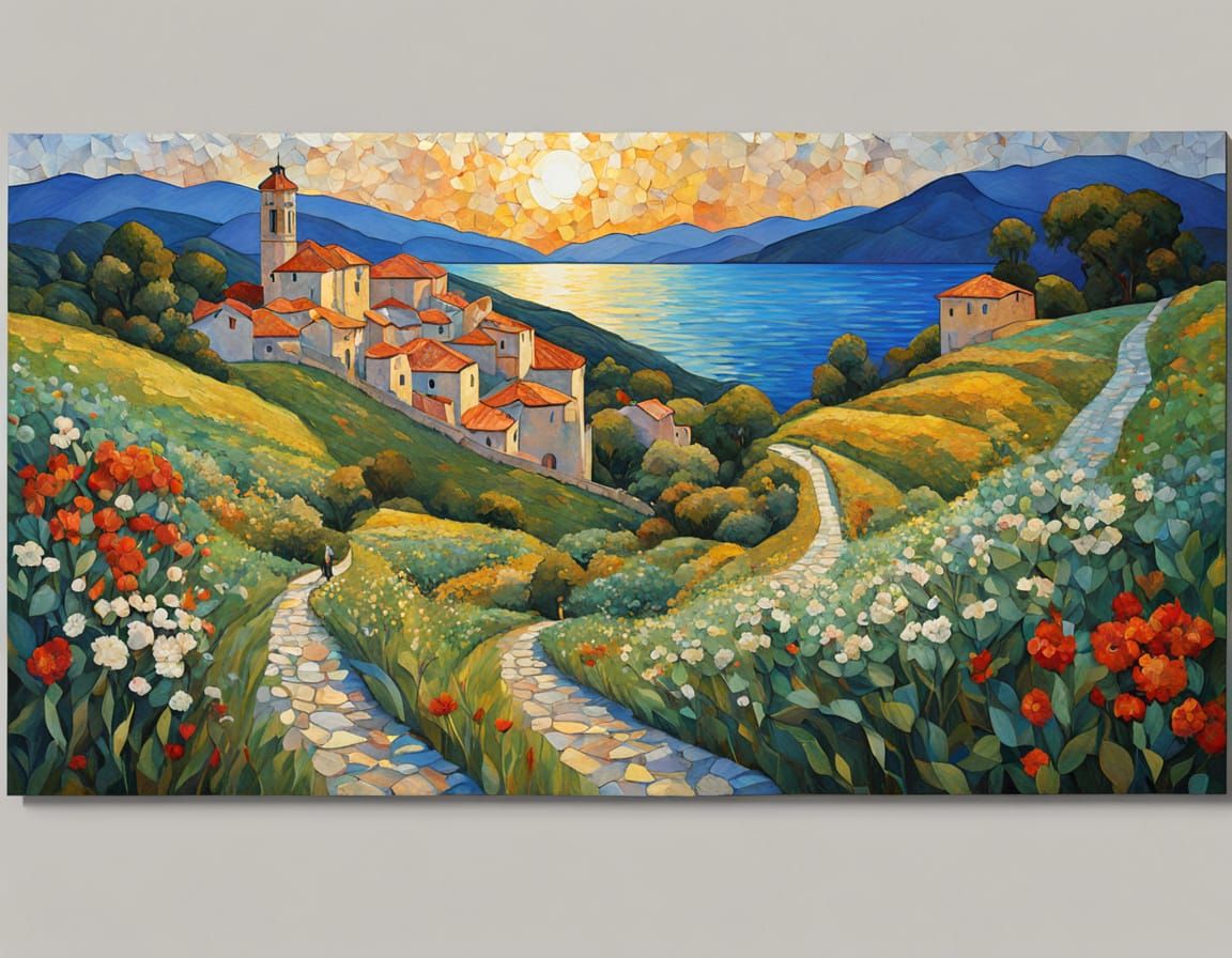 Art Nouveau Italian Village Path in Golden Hour