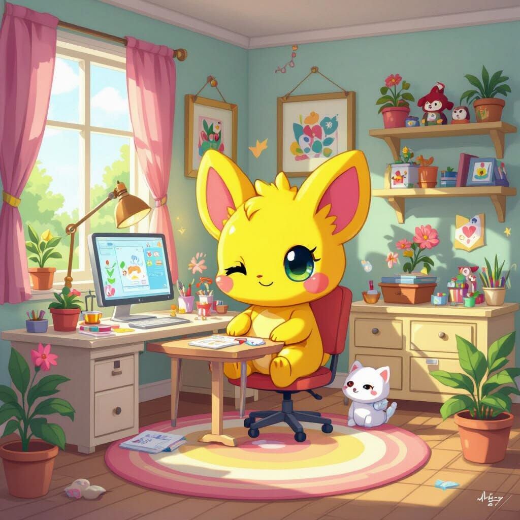 Cozy Neopets Kacheek in a Craft Room with Kadoatie