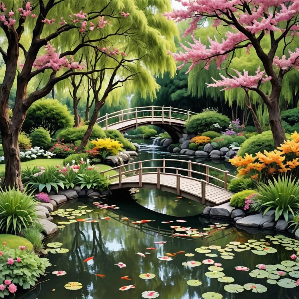 Neon Garden with Koi Pond and Weeping Willow