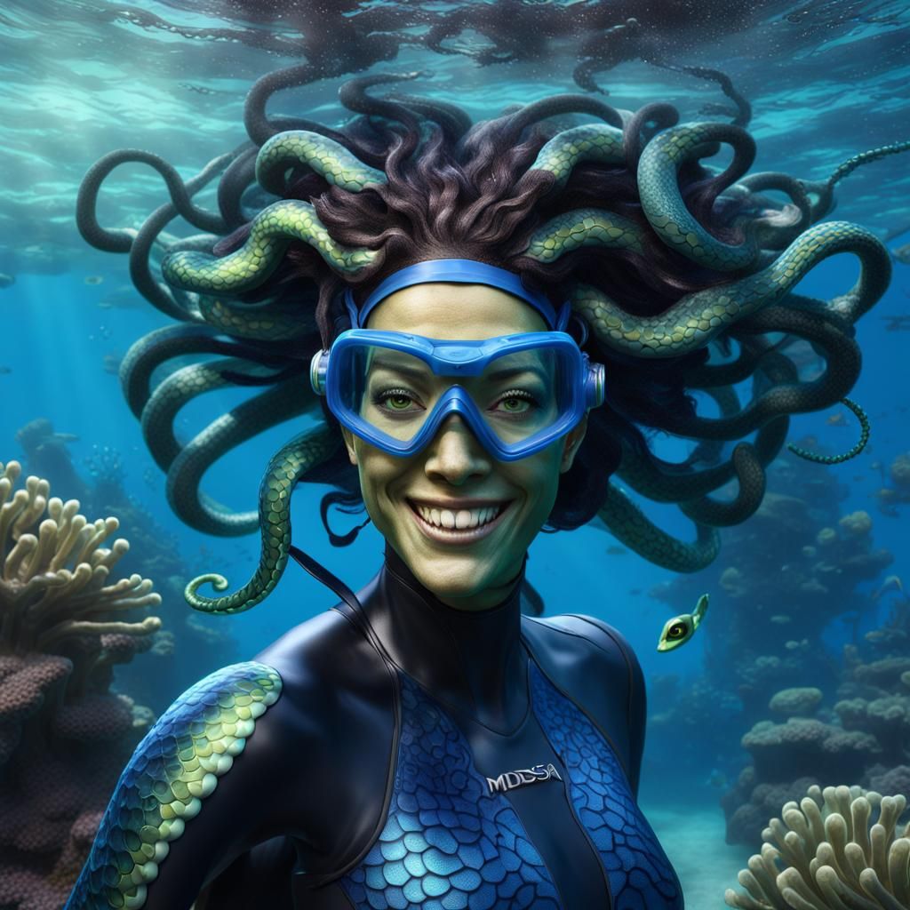 Smiling Medusa Snorkels Underwater: Dark Fantasy Art