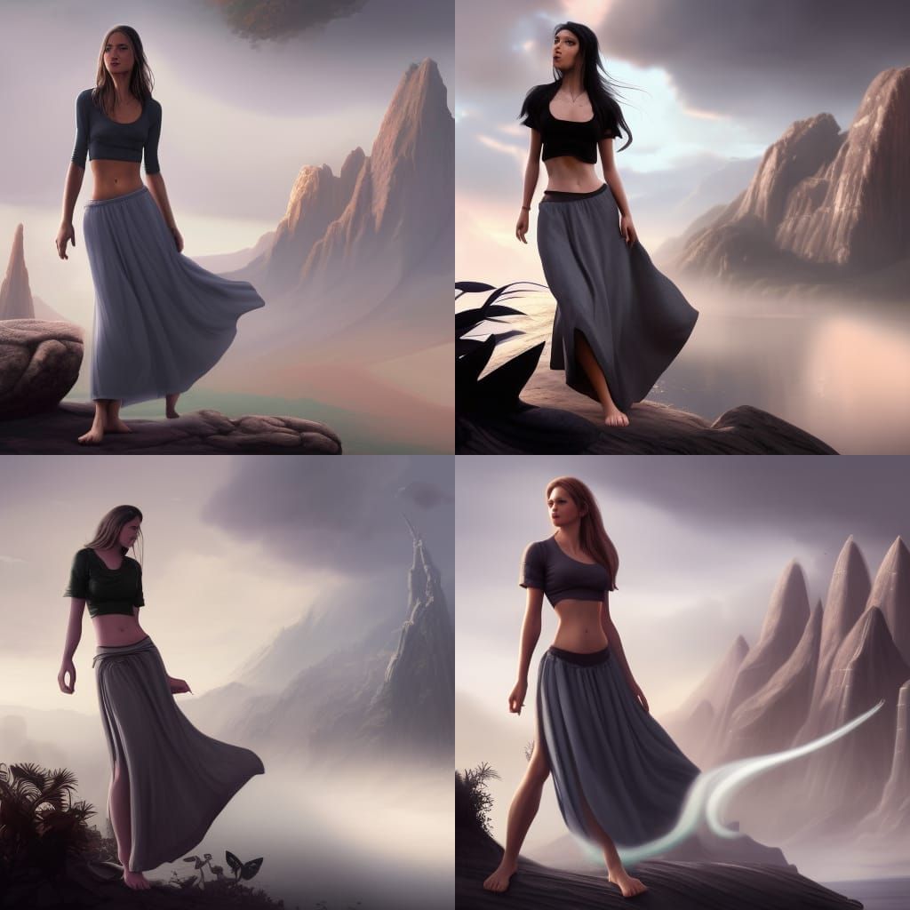 Barefoot Woman in Grey Skirt: Detailed Matte Painting