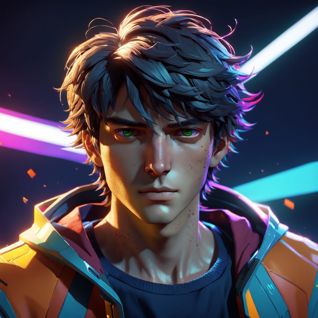 Anime Boy Portrait in Vibrant Triadic Colors