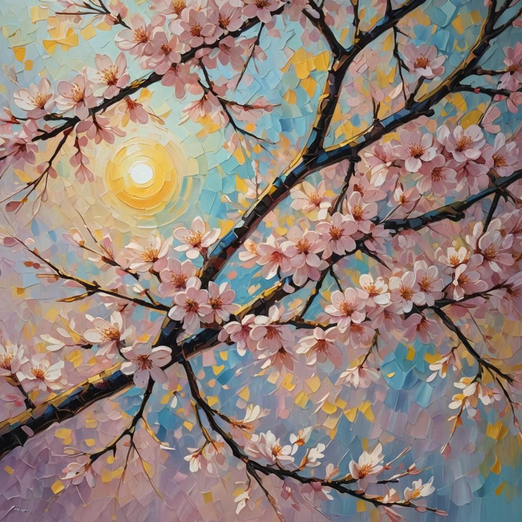 Neo-Impressionistic Cherry Blossoms in Acrylic Impasto