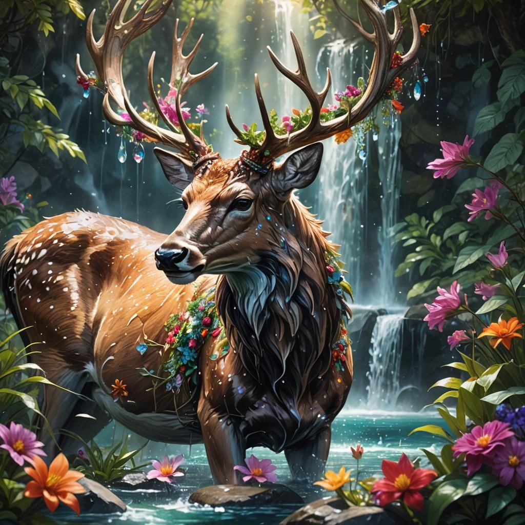 Crystal Deer Drinking at Waterfall: Fantasy Concept Art
