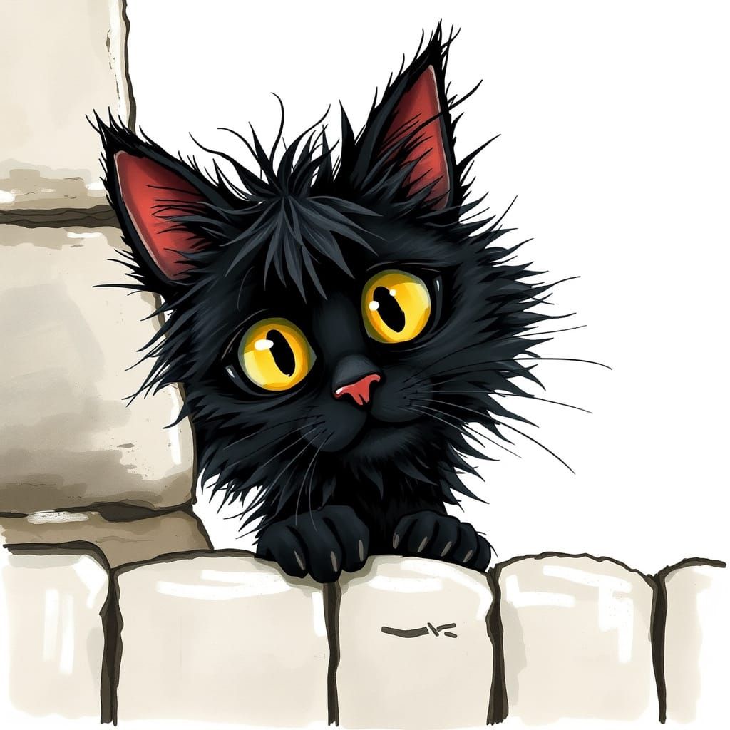 Whimsical Black Cat Peeks from Behind a Weathered Wall