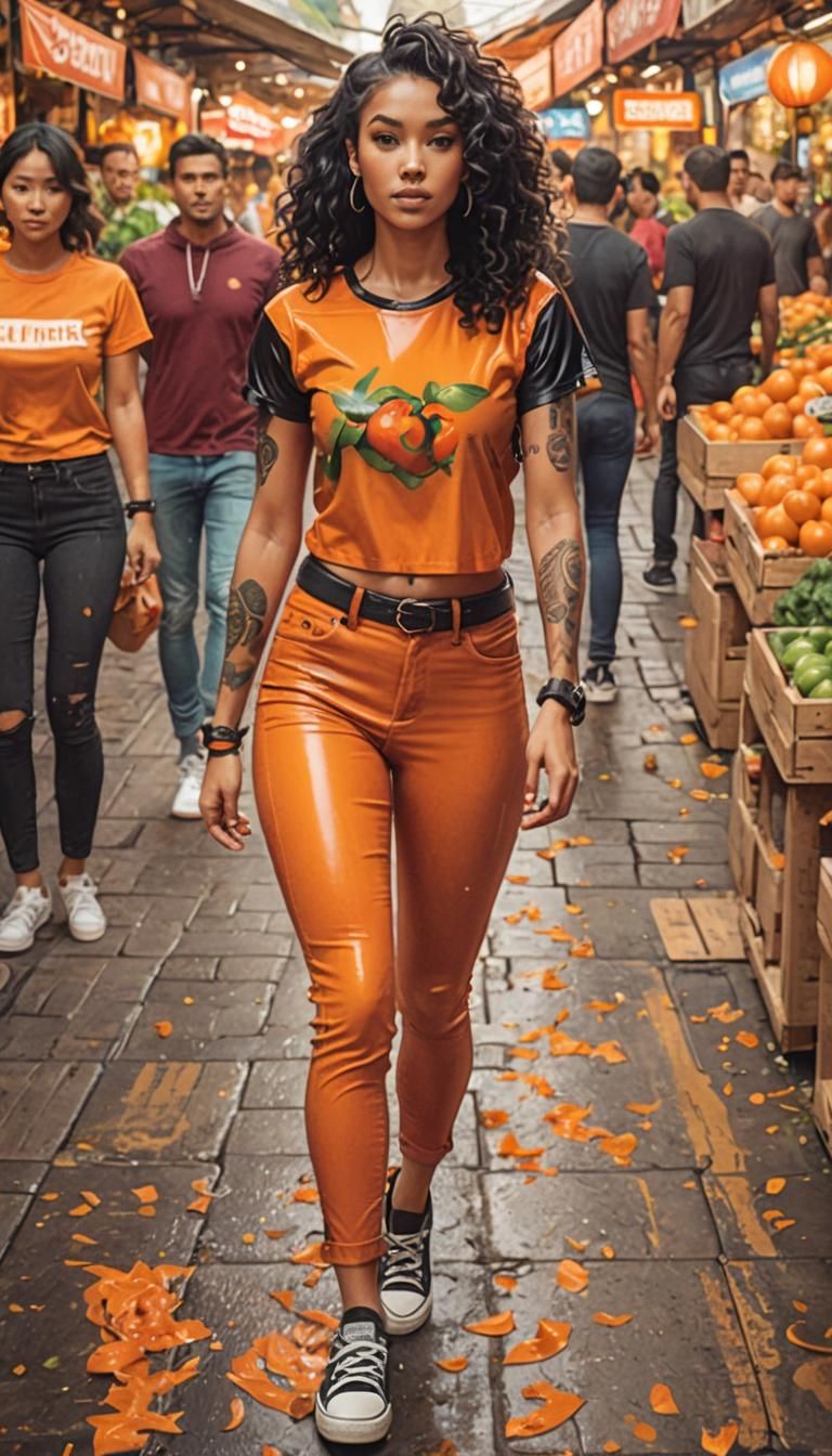 Woman in Orange Latex Outfit at Market, Concept Art