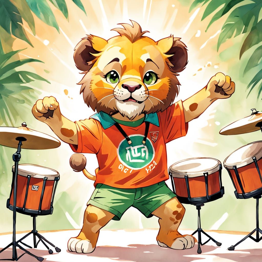 Whimsical Watercolor Lion Cub Plays Drums in Bright Colors