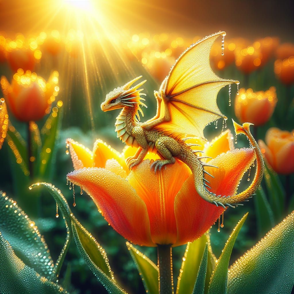 Golden Dragon on Orange Tulip in Dewy Garden