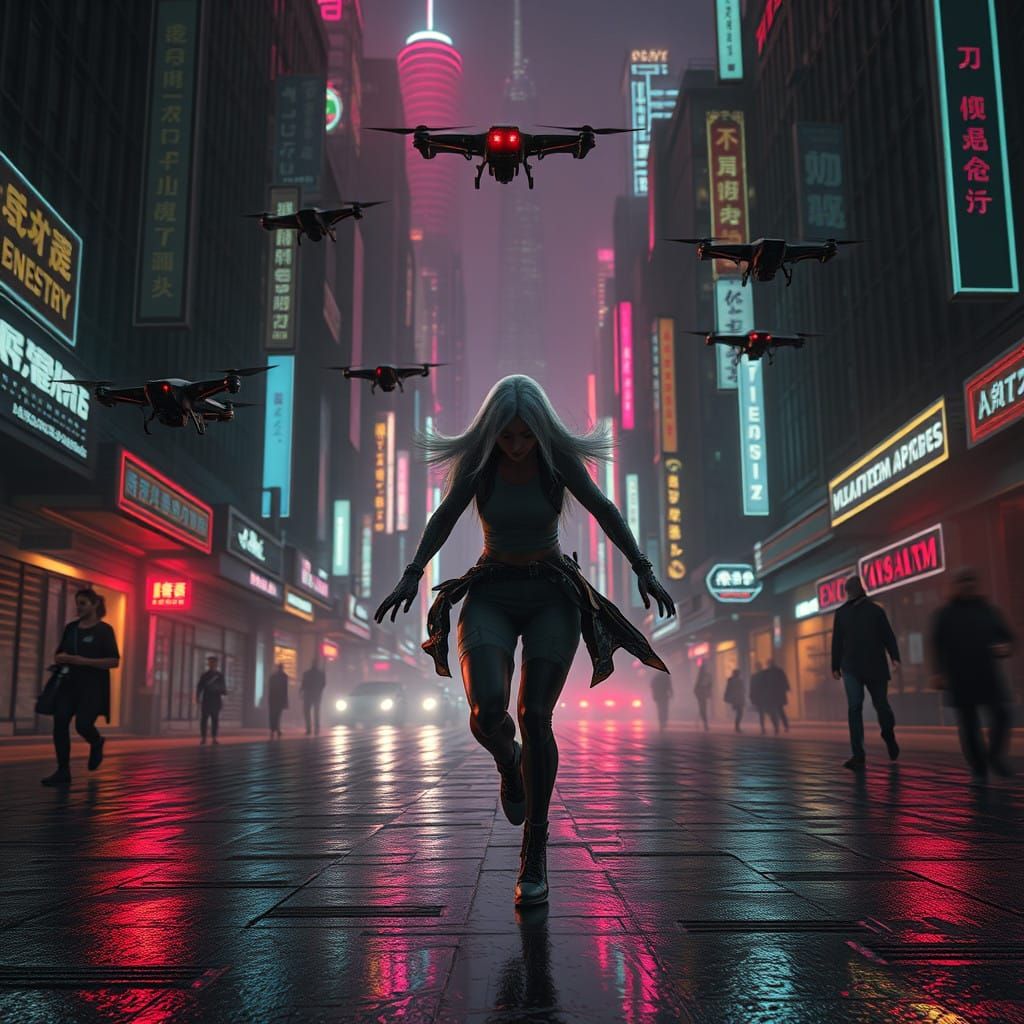 Cyberpunk Cityscape in Chaos: Drones Chase Desperate Woman