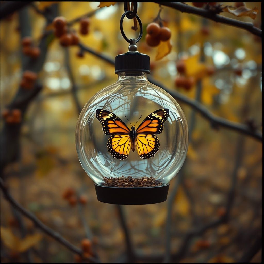 Autumn Dawn in a Pomegranate Forest with a Glass Orb and But...