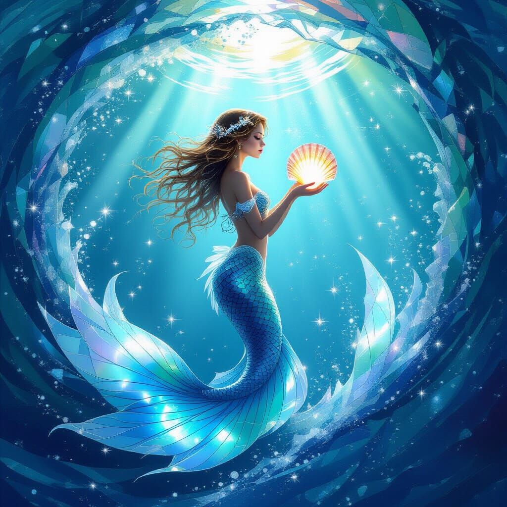Mermaid Emerges From Light Vortex With Glass Shard Tail