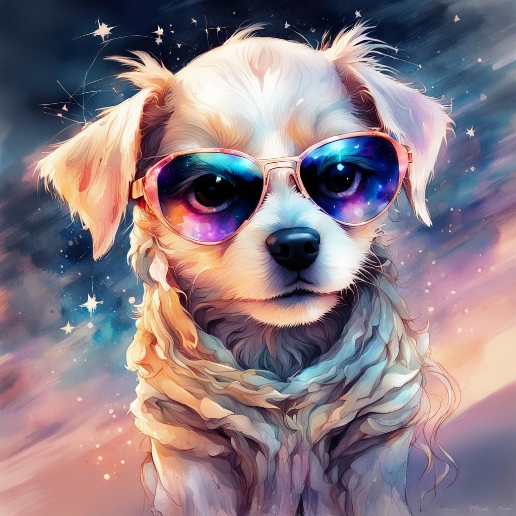 Cute Chibi Puppy in Space: Digital Watercolor Art