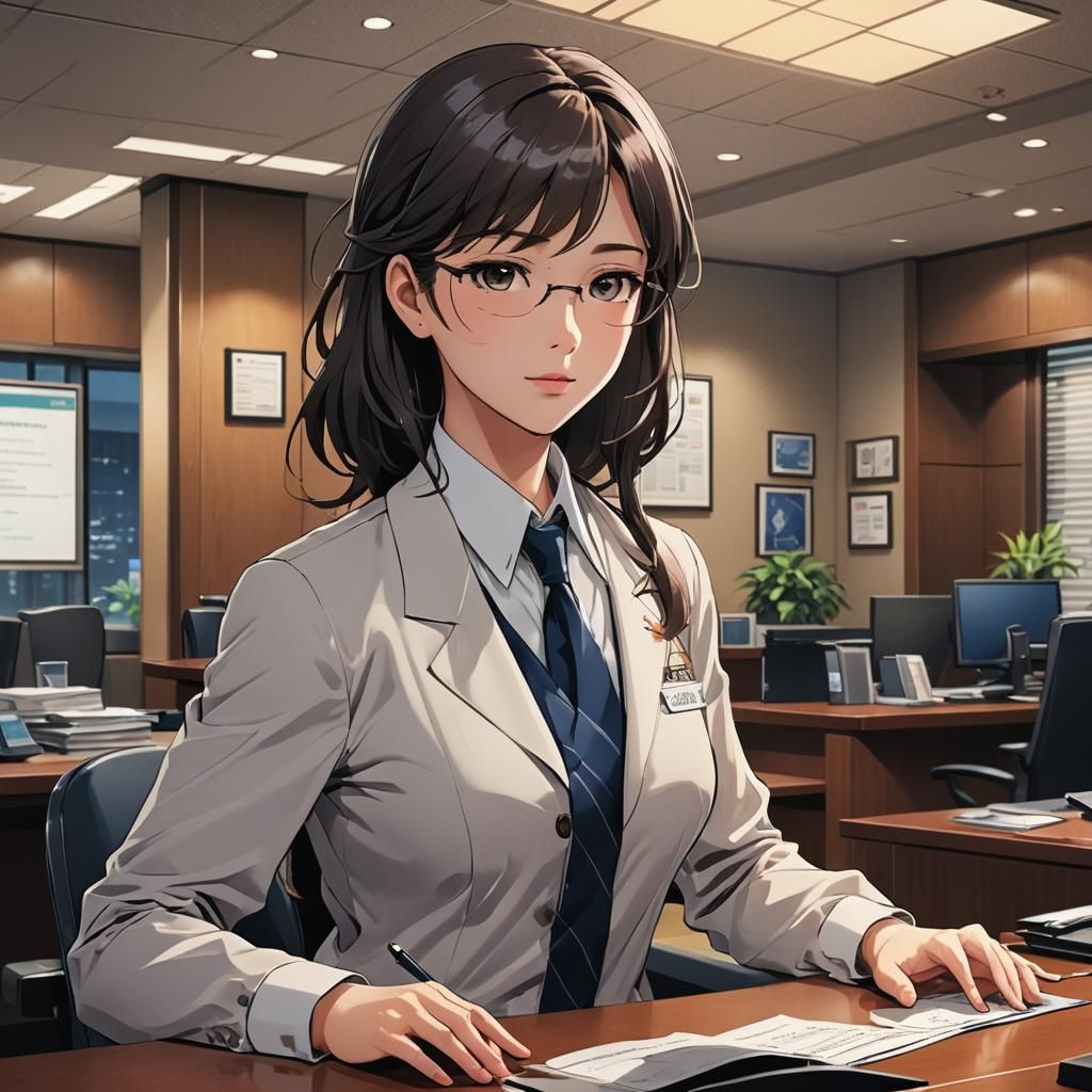 Anime Secretary at Front Desk in Cel-Shaded Style
