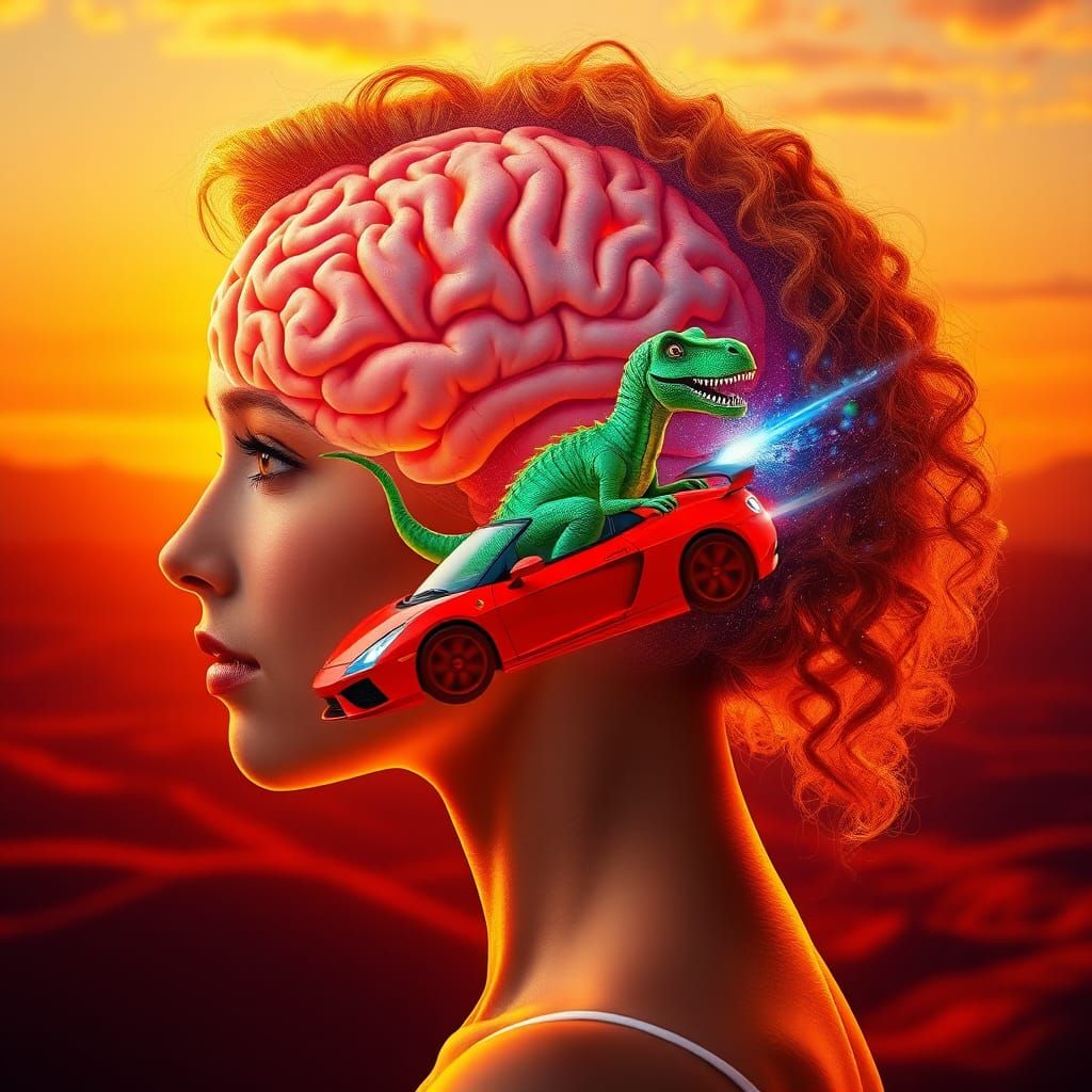 Supercar Dinosaur in Brain: Hyperrealistic Sunset Portrait