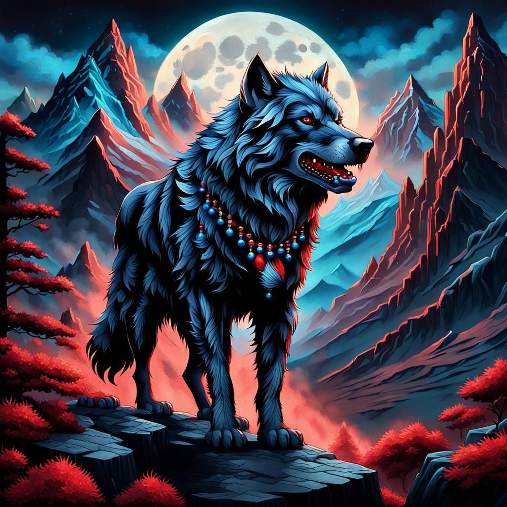 Dire Wolf and Pups in Dark Art Deco Style