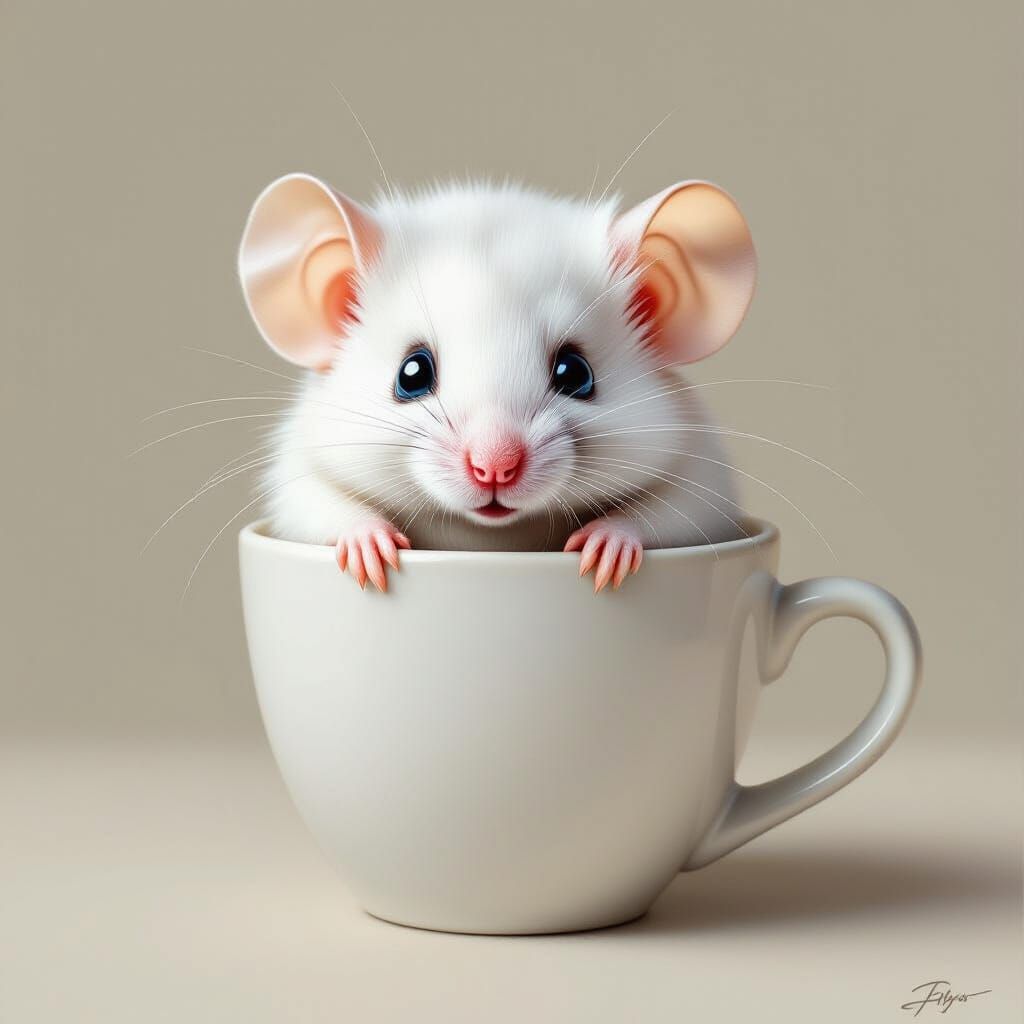 White Mouse with Blue Eyes in Coffee Cup