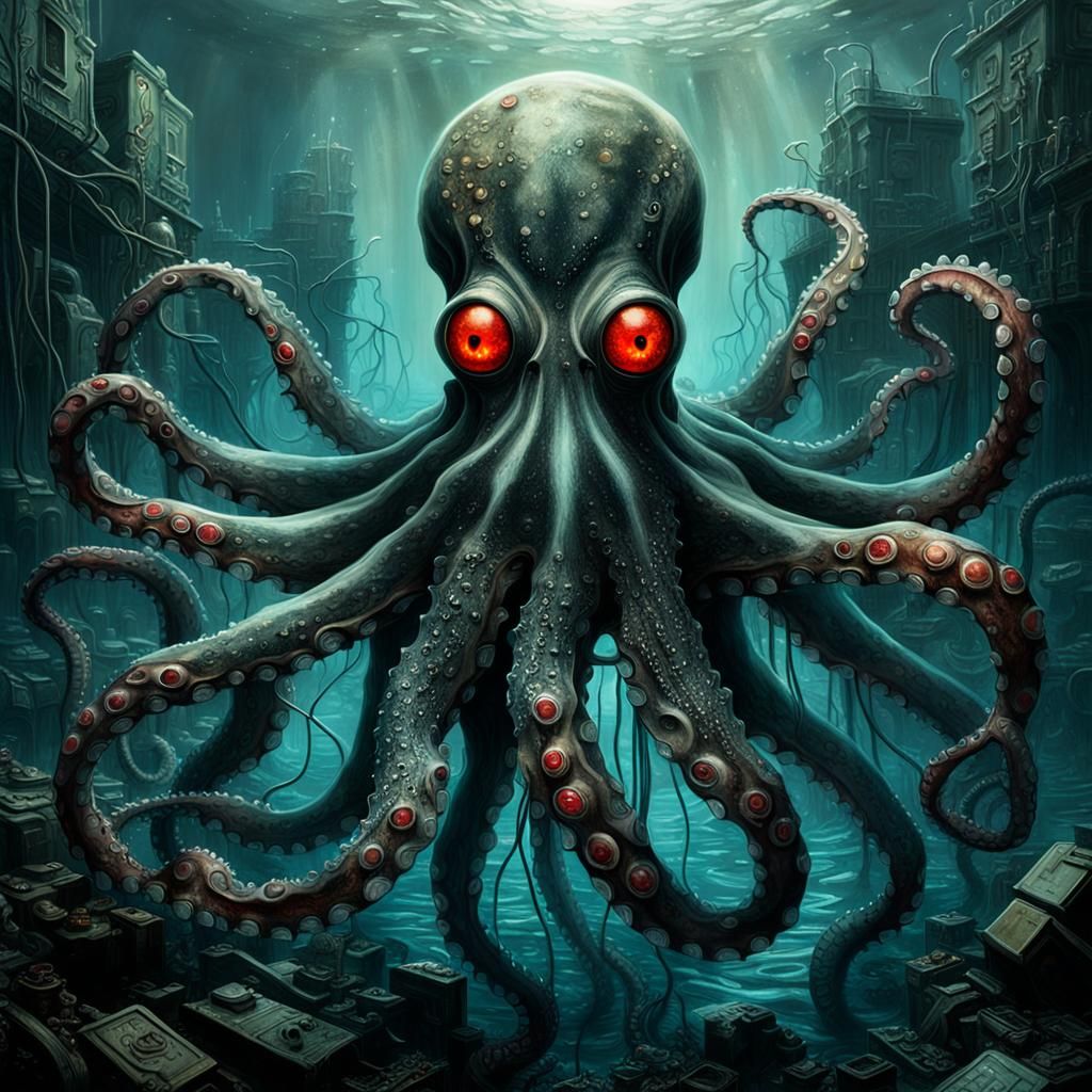 Biomechanical Octopus in Polluted Water: Surrealist Sci-Fi