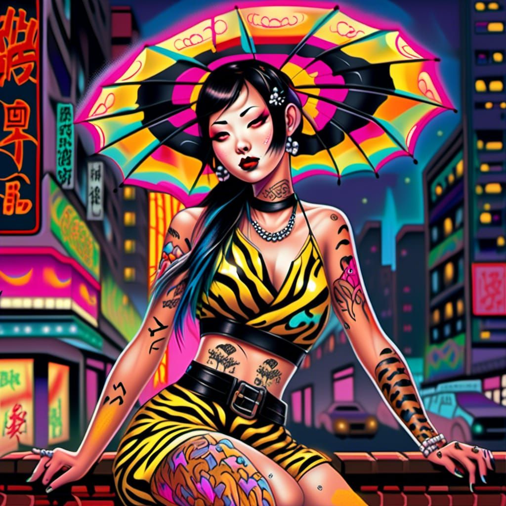 Rockabilly Graffiti Girl with Tiger Tattoo