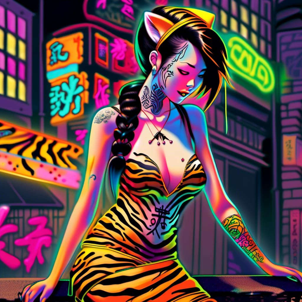 Japanese Rockabilly Girl in Neon Graffiti Art