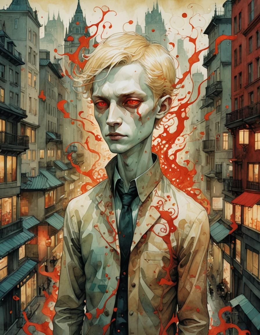 Luminescent Demon in City Watercolor Portrait