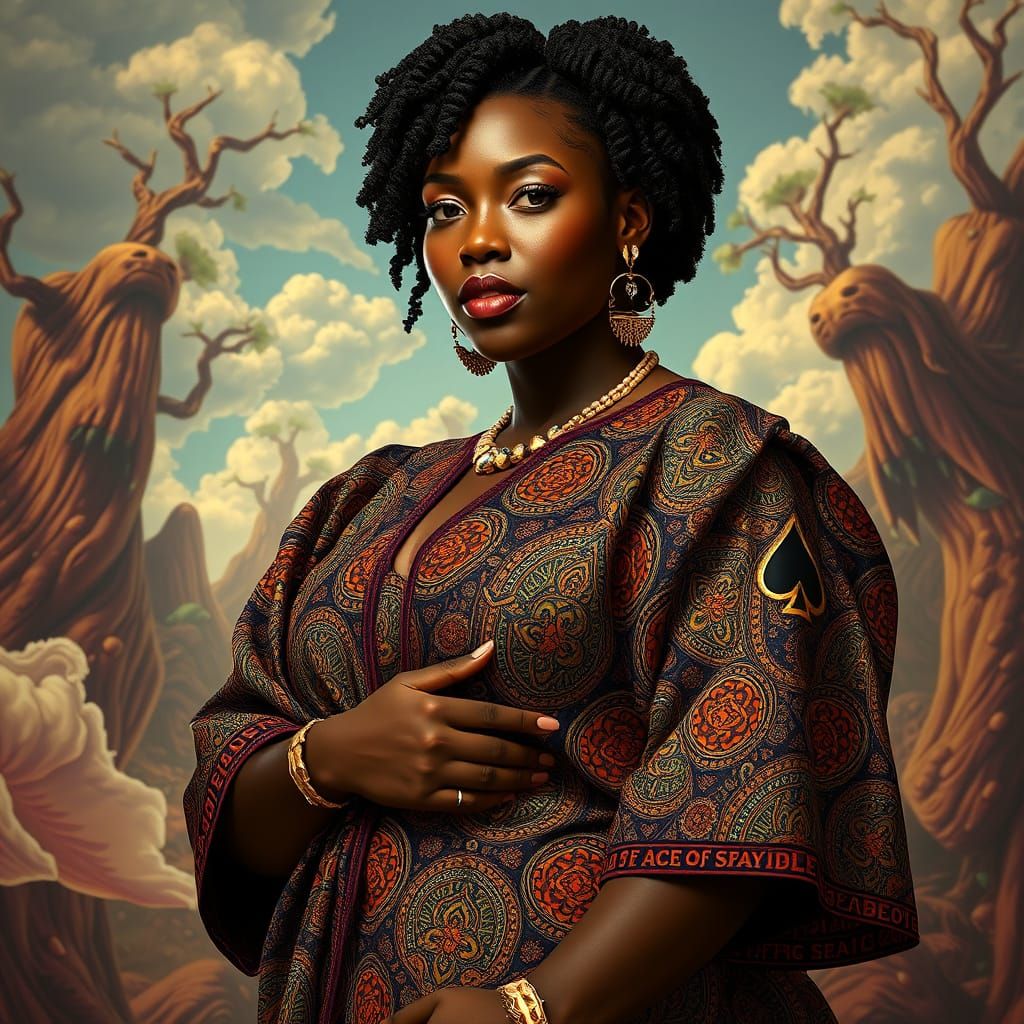 VOLOPTIOUS BLACK WOMAN IN TRADTIONAL AFRICAN ATTIRE WITH ACE OF SPADE LOGO