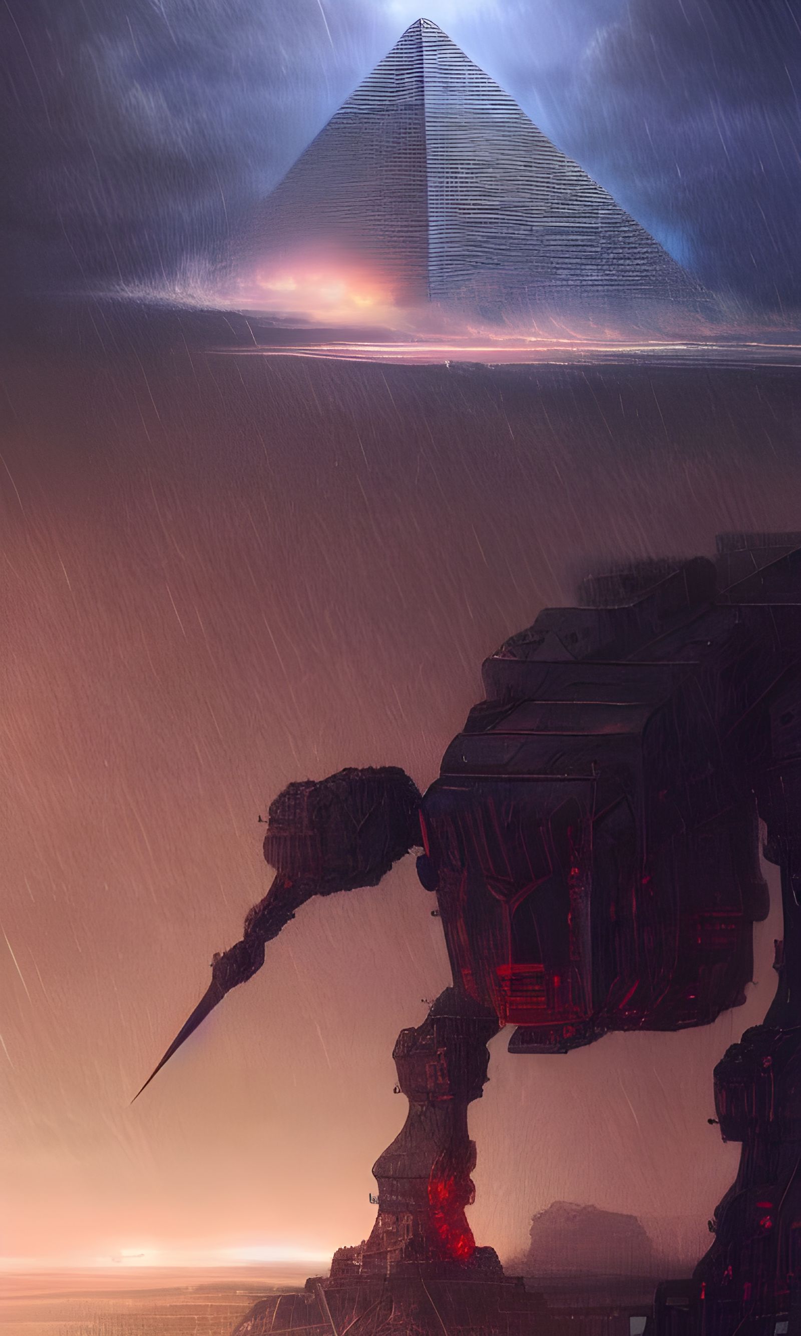 Giant Mech in Fantasy Landscape, Retrofuturism Style