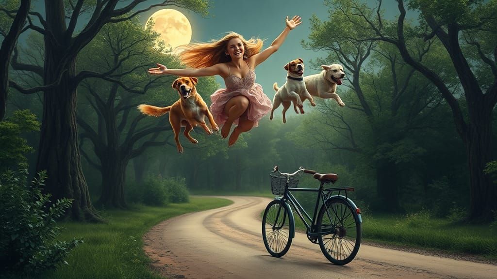 Woman's Enchanting Flight with Dogs in Magical Forest