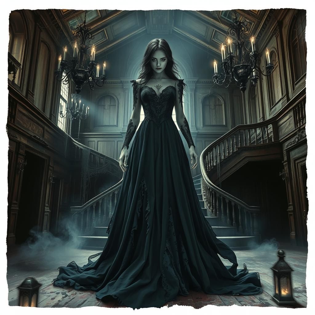 Ethereal Ghost Lady in Decaying Victorian Mansion