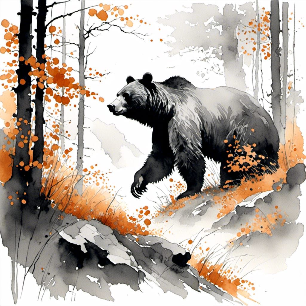 Watercolor Bear in Autumnal Landscape