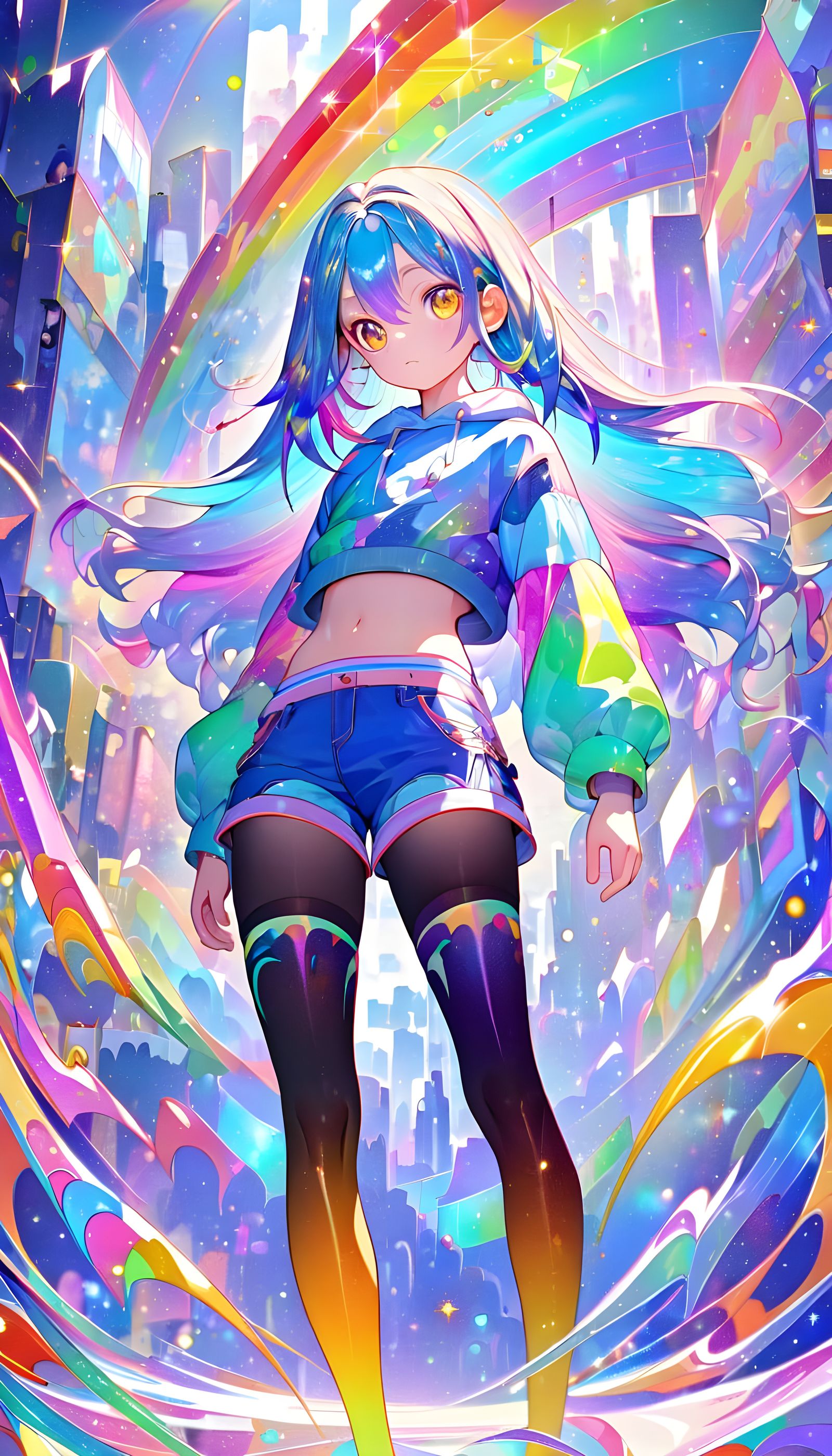 Vibrant Anime Goddess in Rainbow Hair and Pastel Hues