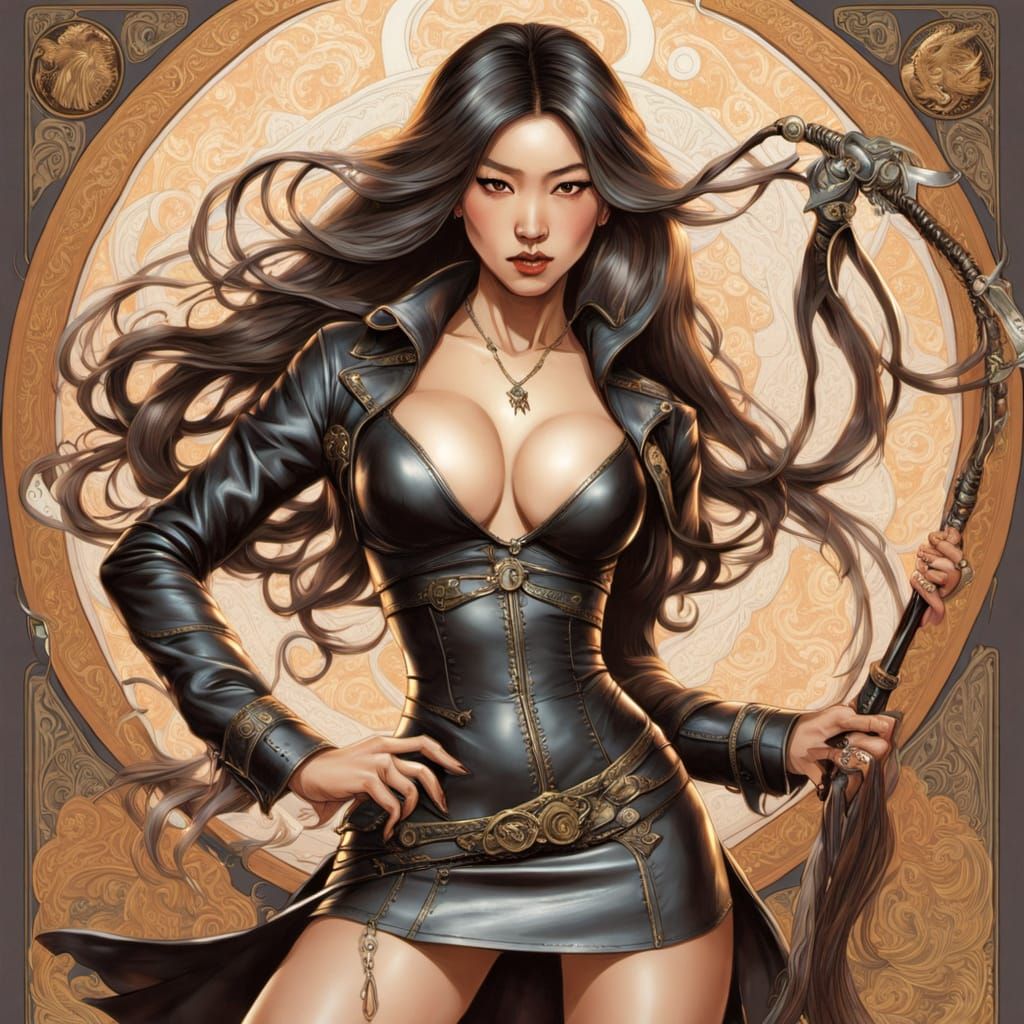 Woman in Leather Outfit Picking Up Money