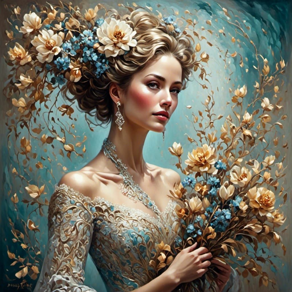 Woman with Flowers in Detailed Oil Painting