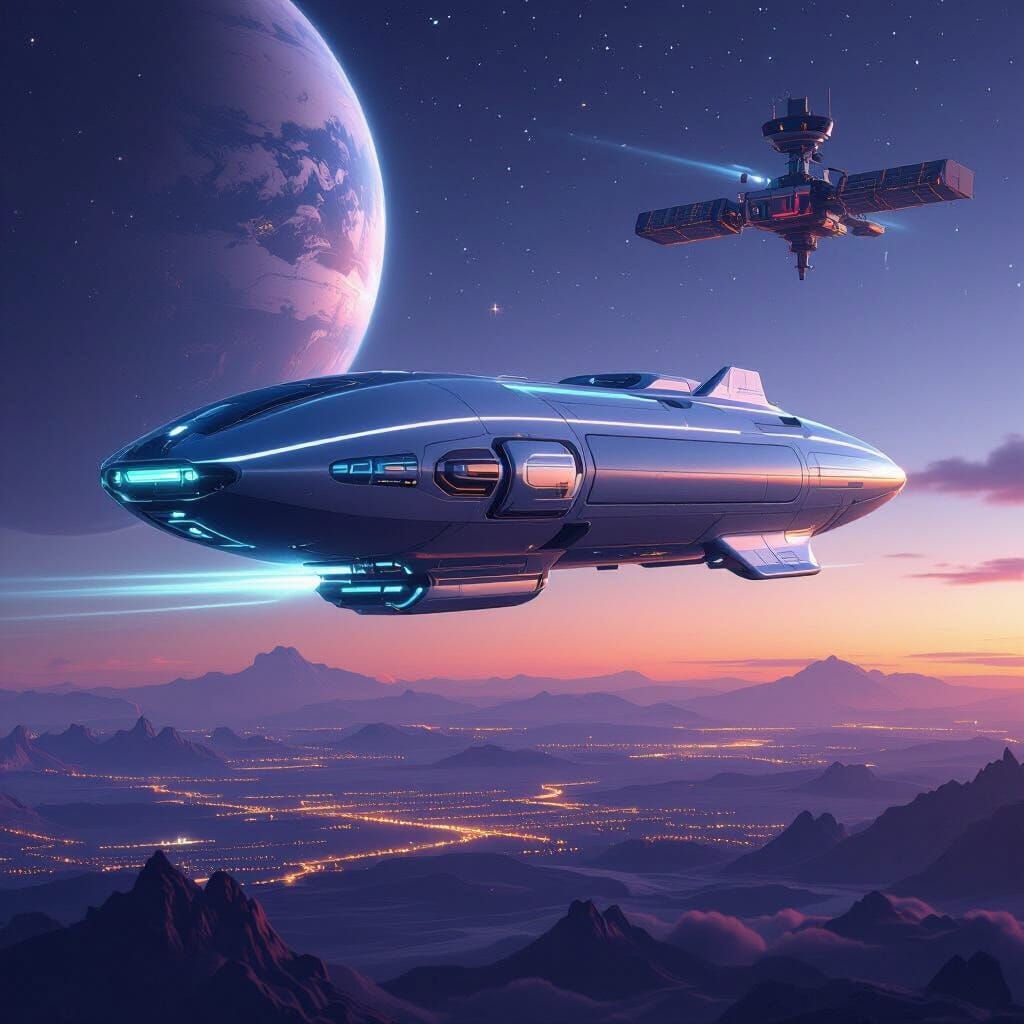 Futuristic Orbital Ship Above Vibrant Planet At Twilight
