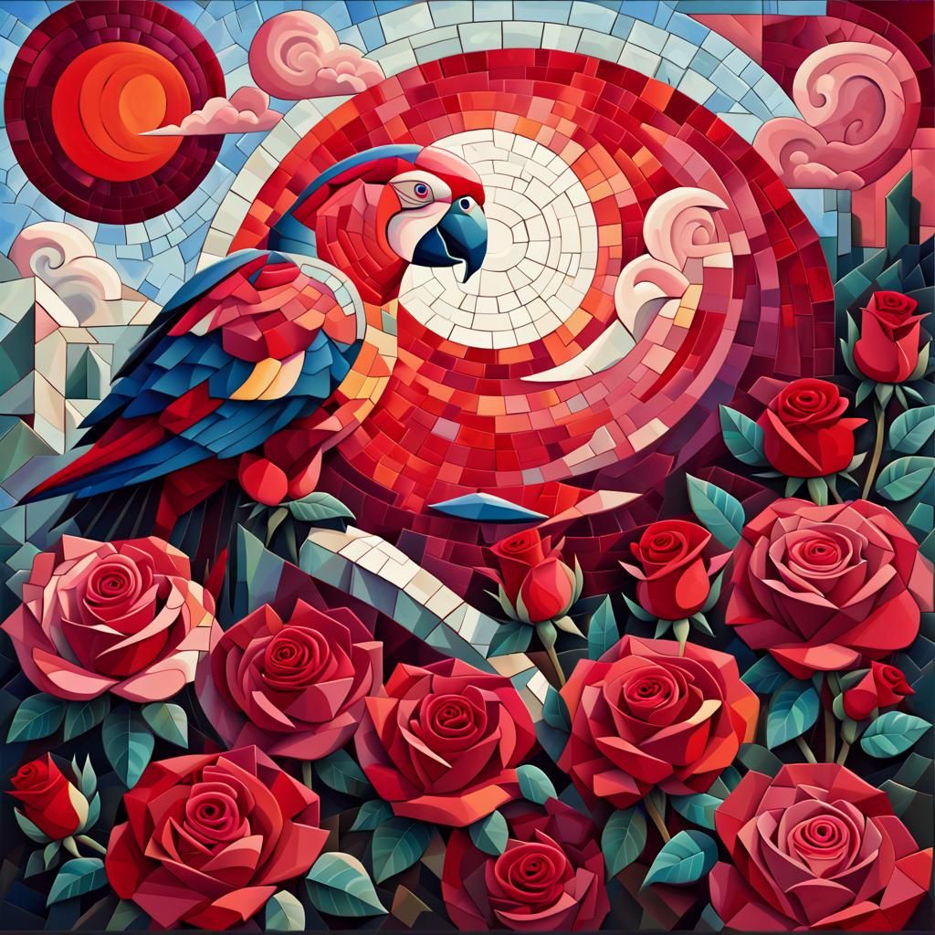 Surreal Red Mosaic of Roses, Parrot, Clouds and Moon