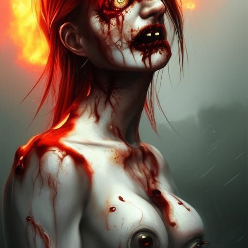 Zombie Woman Feast in Burning City: Hyperrealistic Portrait