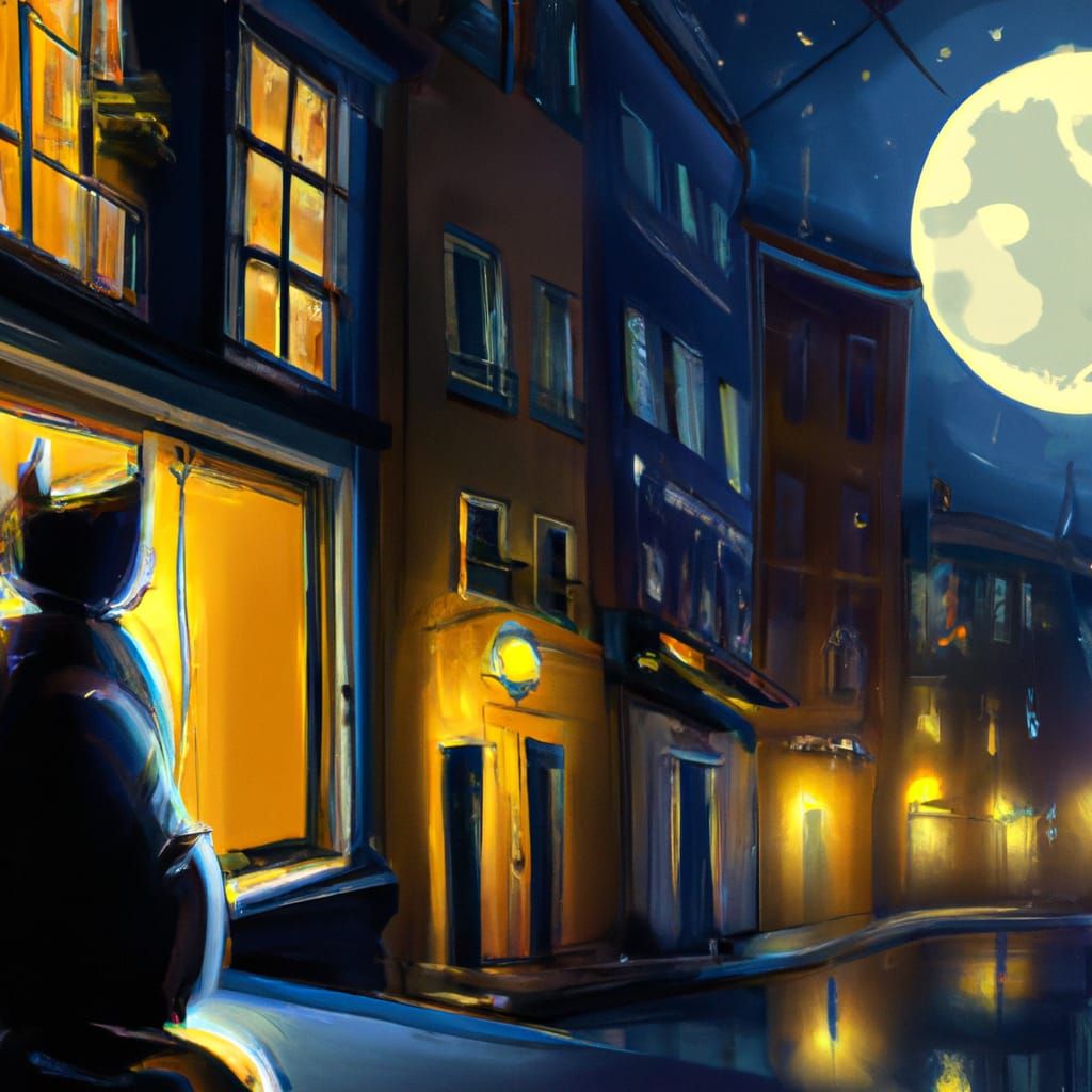 Cat Silhouette in City at Night, Hyperrealistic Style