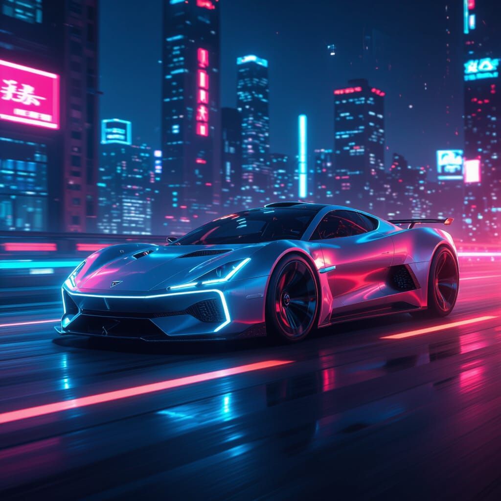 Futuristic Car Speeding Through Neon Cityscape