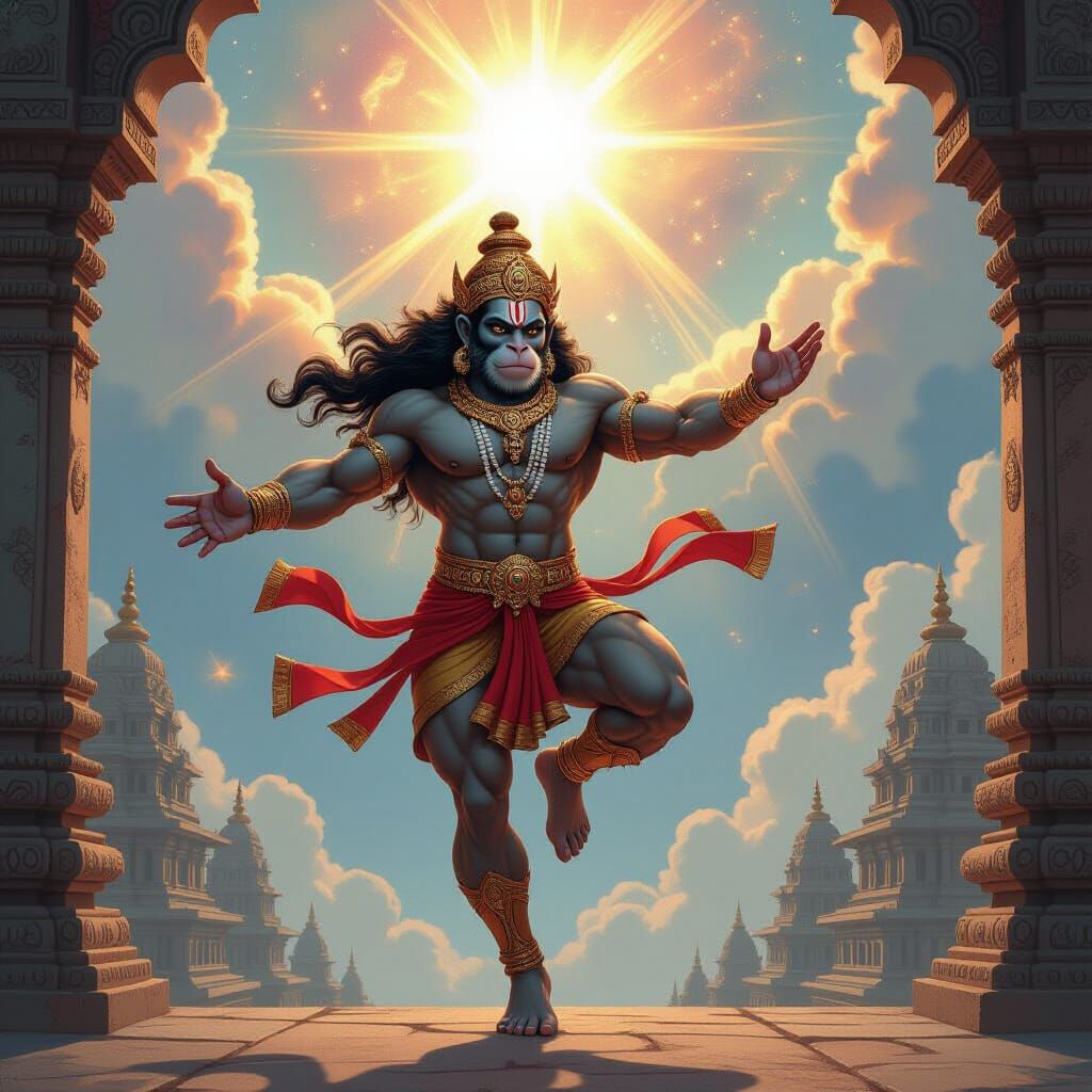 Majestic Hanuman in Cosmic Leap: Epic Illustration