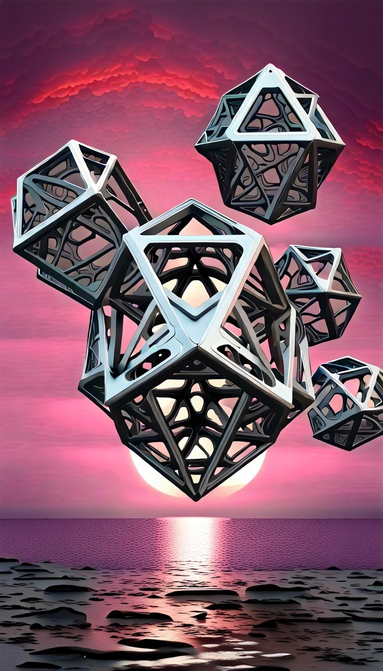 Silver Dodecahedrons Over Wine Dark Sea in Art Deco Style