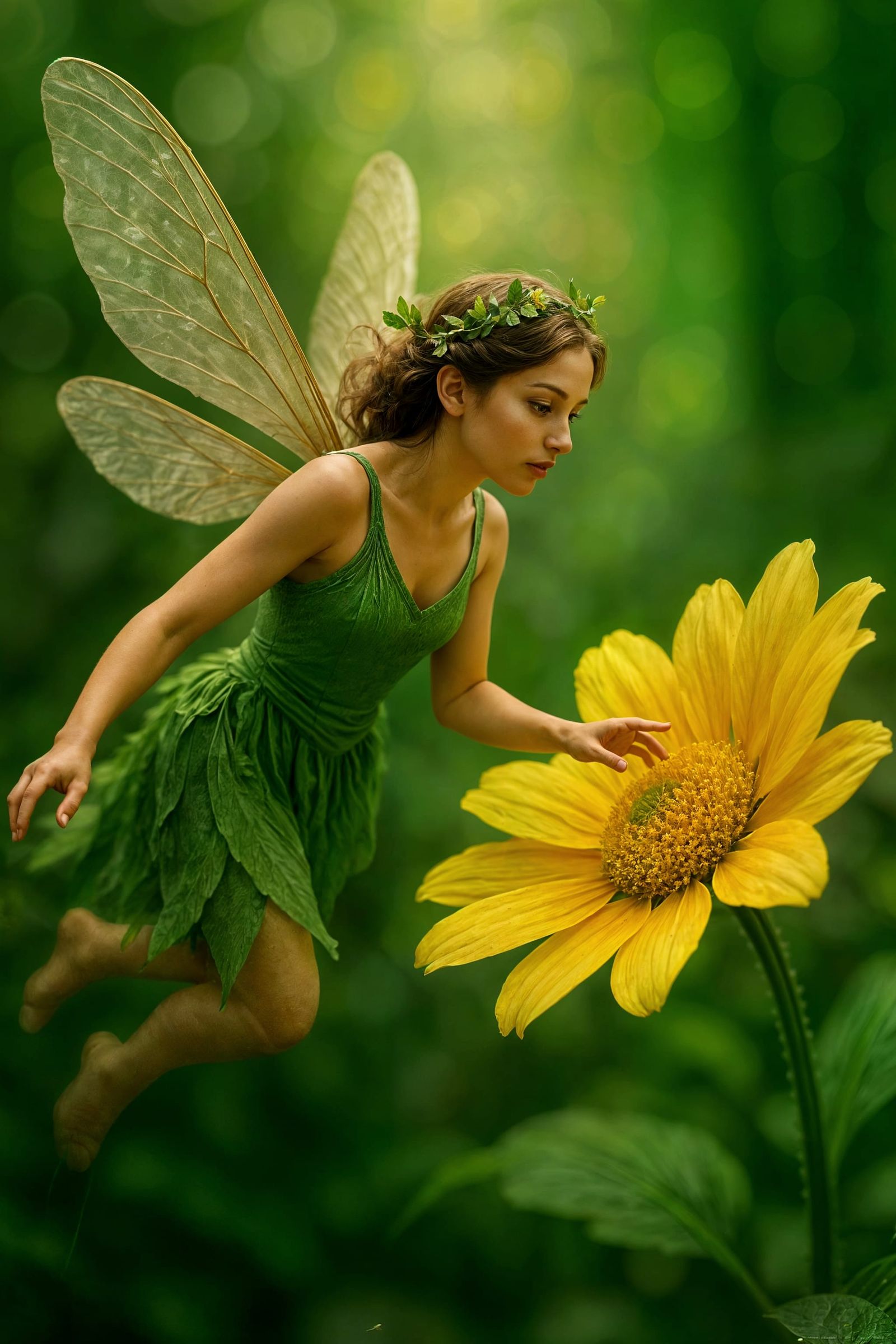 Fairy Touches a Flower in Magical Forest