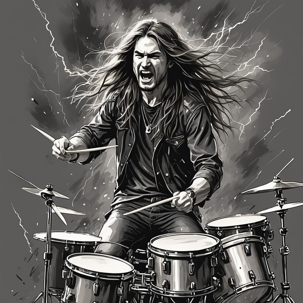 Dynamic Drummer in Electric Rock Concert Sketch