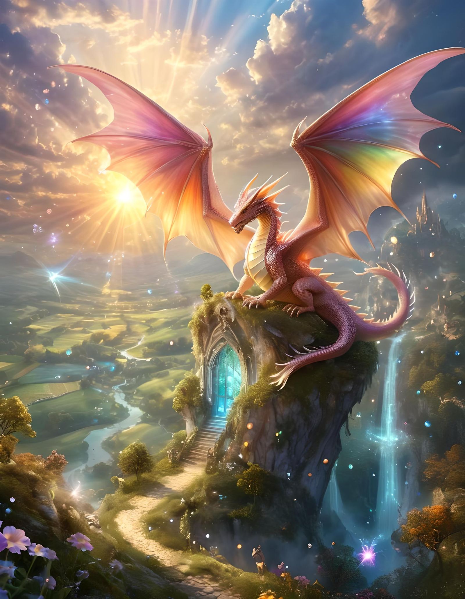 Dragon Soaring Over a Fantasy World