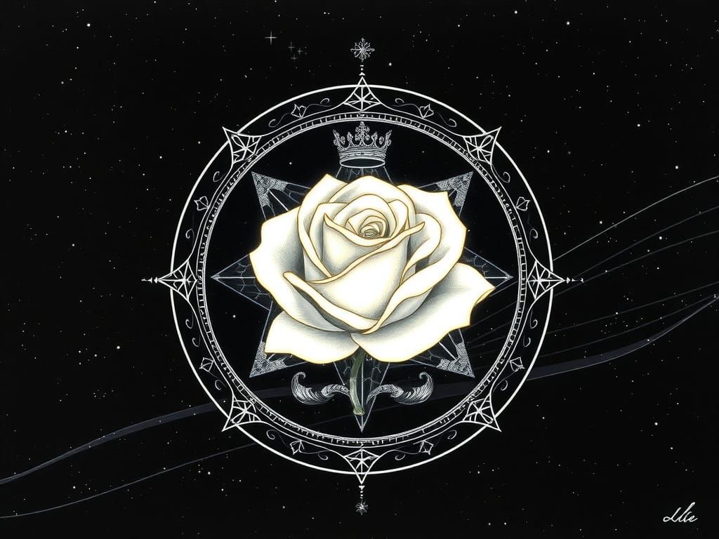 A magical sigil depicting a luminescent white rose intertwin...