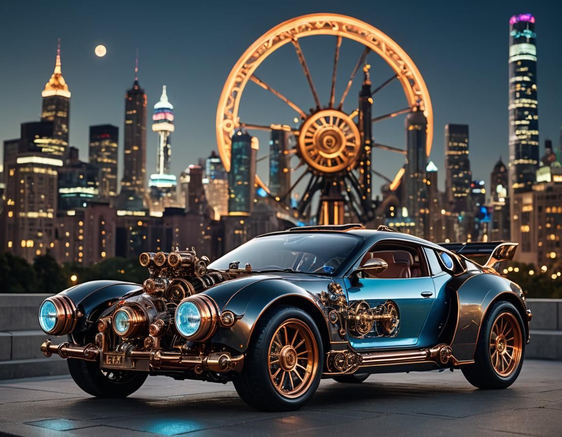 Steampunk Electric Car with City Skyline