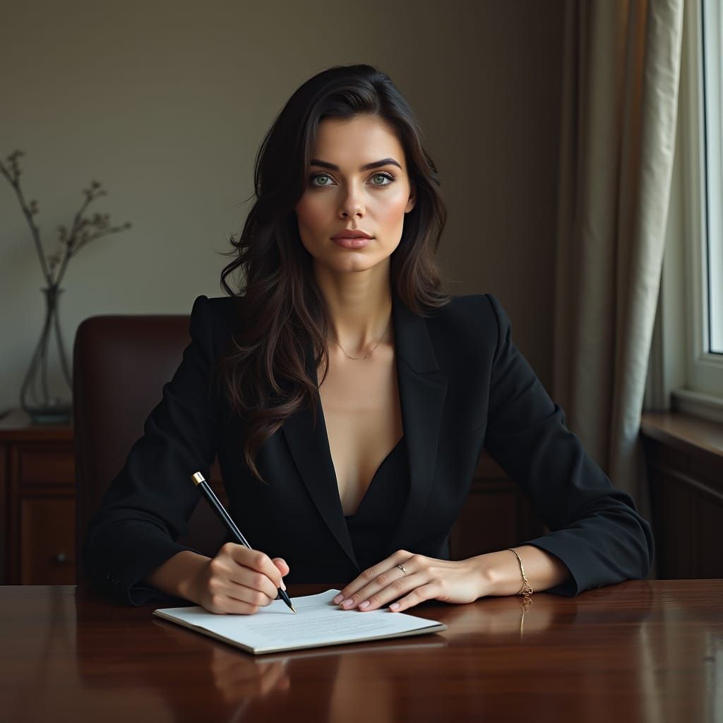 Elegante Mulher em Terno Bege, Sentada em Cadeira de Madeira